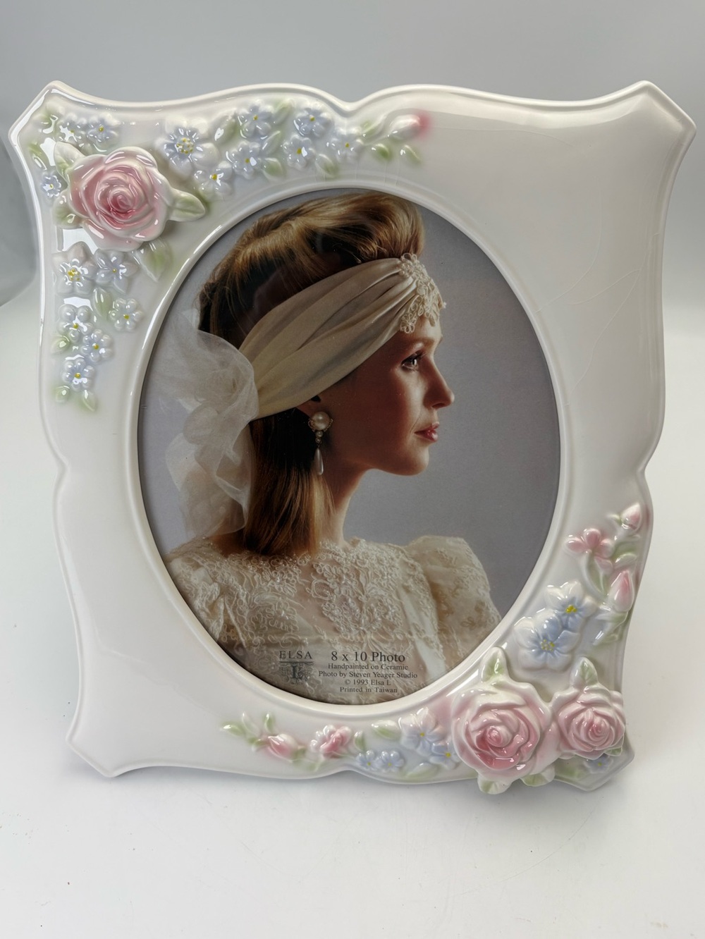 Gorgeous Vintage ELSA White Ceramic Picture Frame with Pink Rose Accents - 8x10